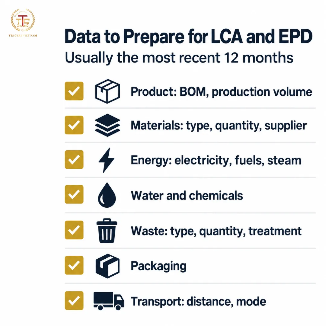 Checklist of seven data groups for LCA and EPD: product, materials, energy, water and chemicals, waste, packaging, transport