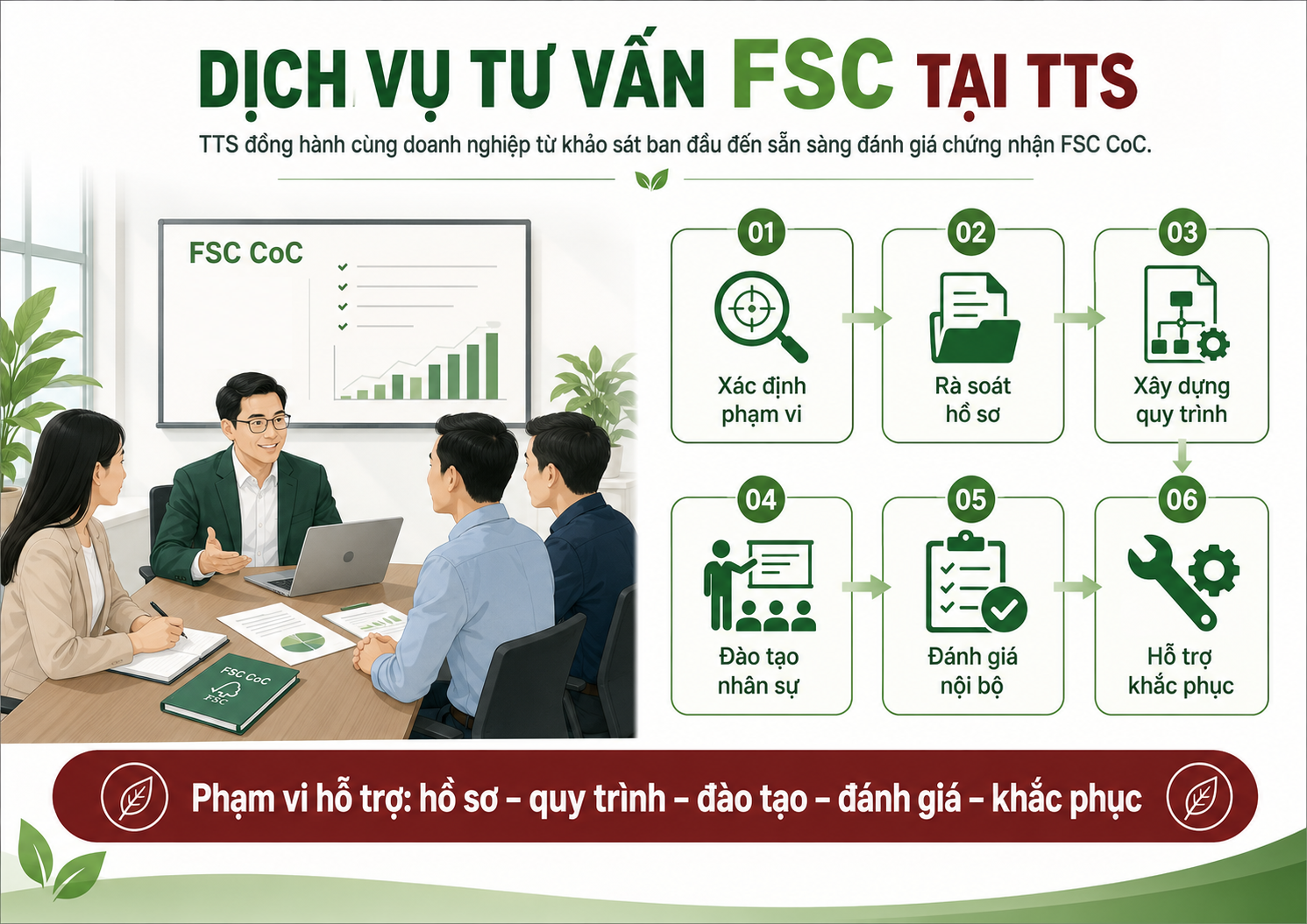 Phạm vi dịch vụ tư vấn FSC CoC tại TTS gồm xác định phạm vi, xây dựng hồ sơ, đào tạo, đánh giá nội bộ và hỗ trợ khắc phục