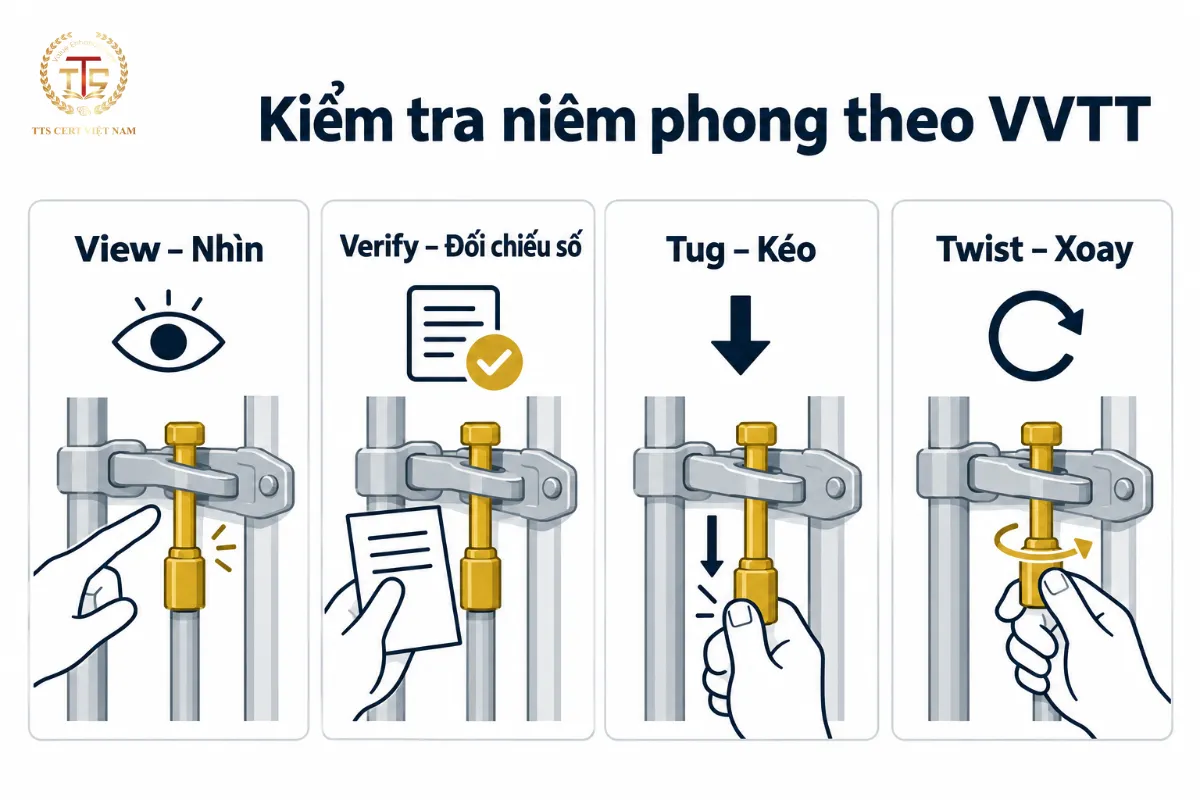 Bốn bước kiểm tra niêm phong container theo quy trình VVTT: nhìn, đối chiếu số, kéo, xoay