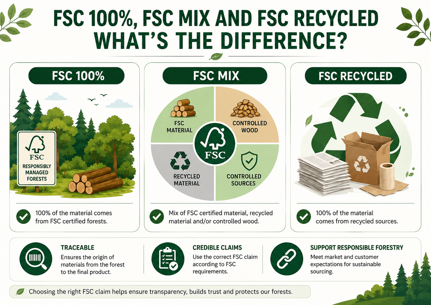 Infographic comparing FSC 100%, FSC Mix, and FSC Recycled labels based on certified, controlled, and recycled material sources