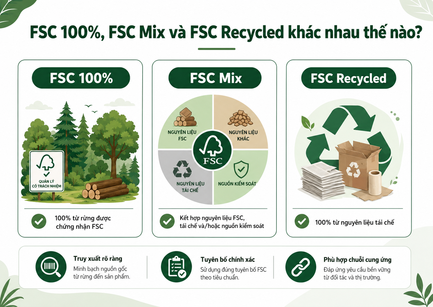 FSC 100%, FSC Mix, FSC Recycled khác nhau như thế nào?
