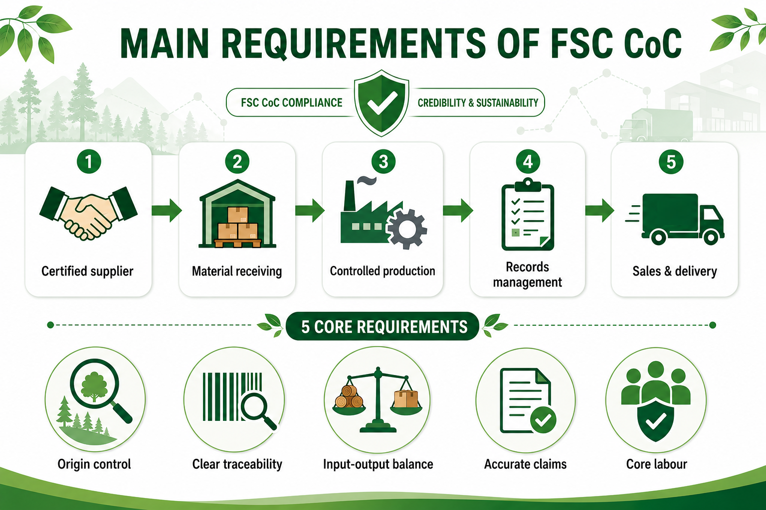 Infographic outlining the main FSC CoC requirements, including supplier control, material identification, production control, traceability, claims, and core labour requirements