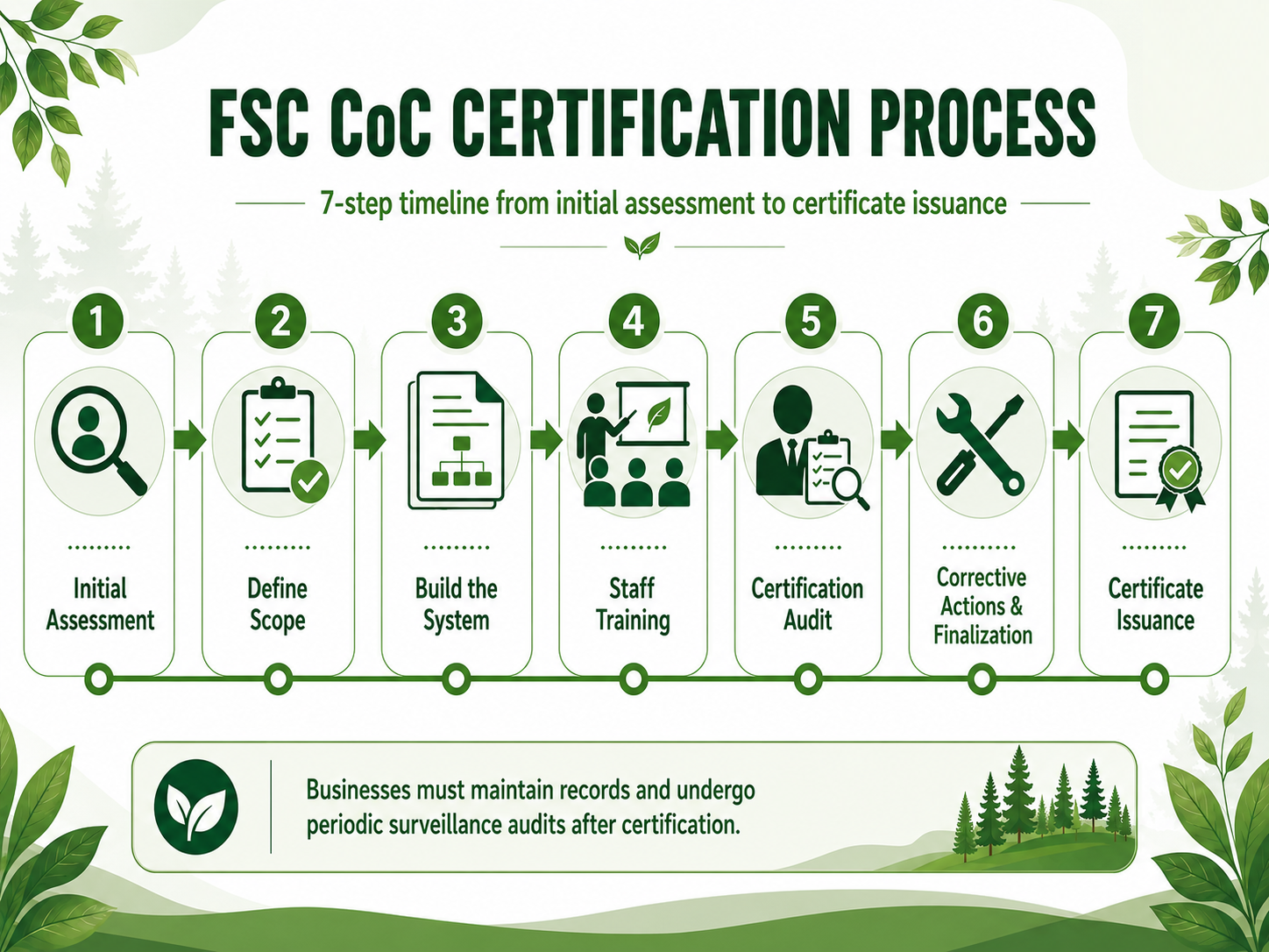 Seven-step FSC CoC certification process from initial assessment and scope definition to system development, audit, corrective actions, and certificate issuance