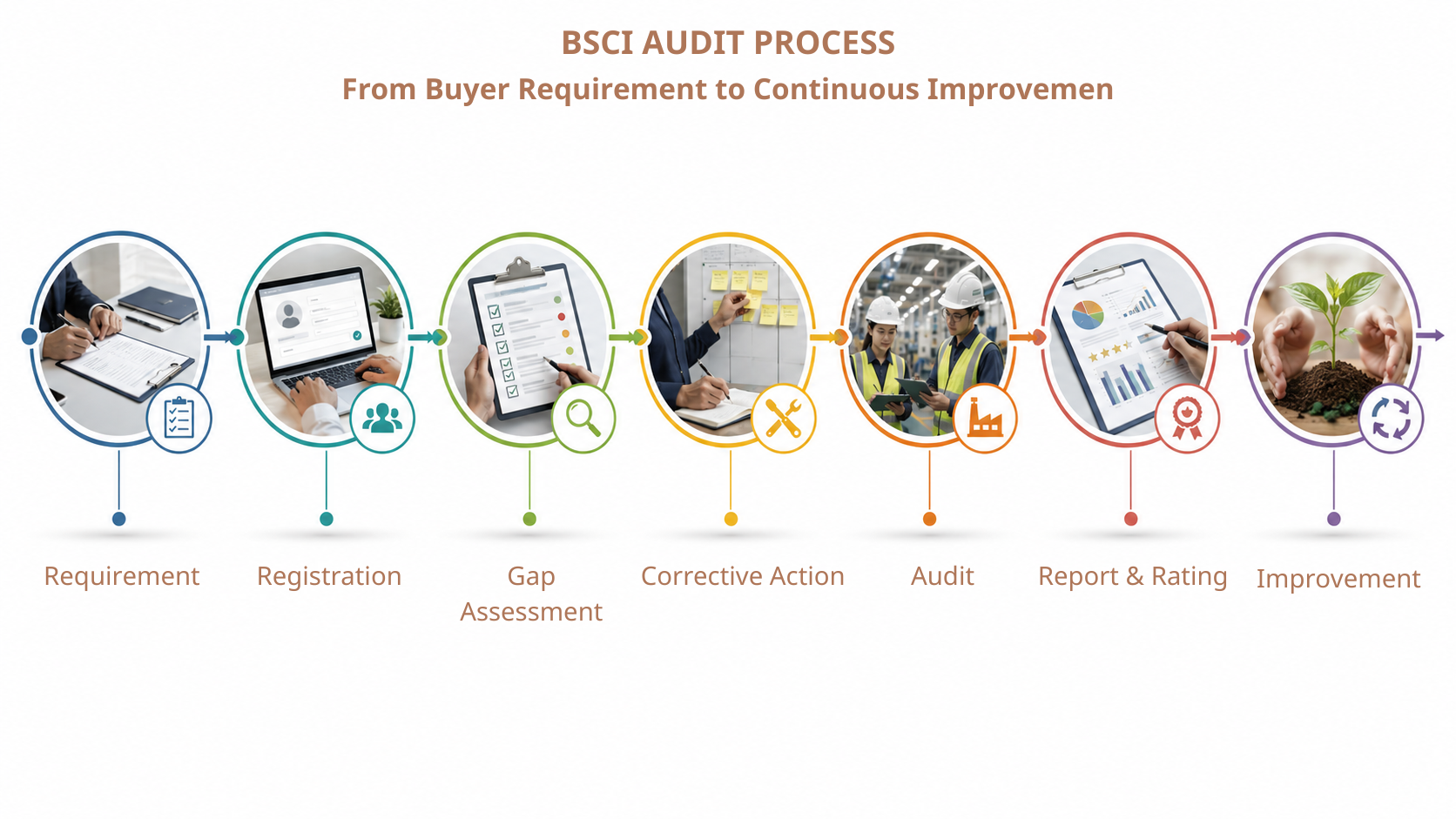 BSCI audit process from buyer requirement and gap assessment to follow-up and continuous improvement
