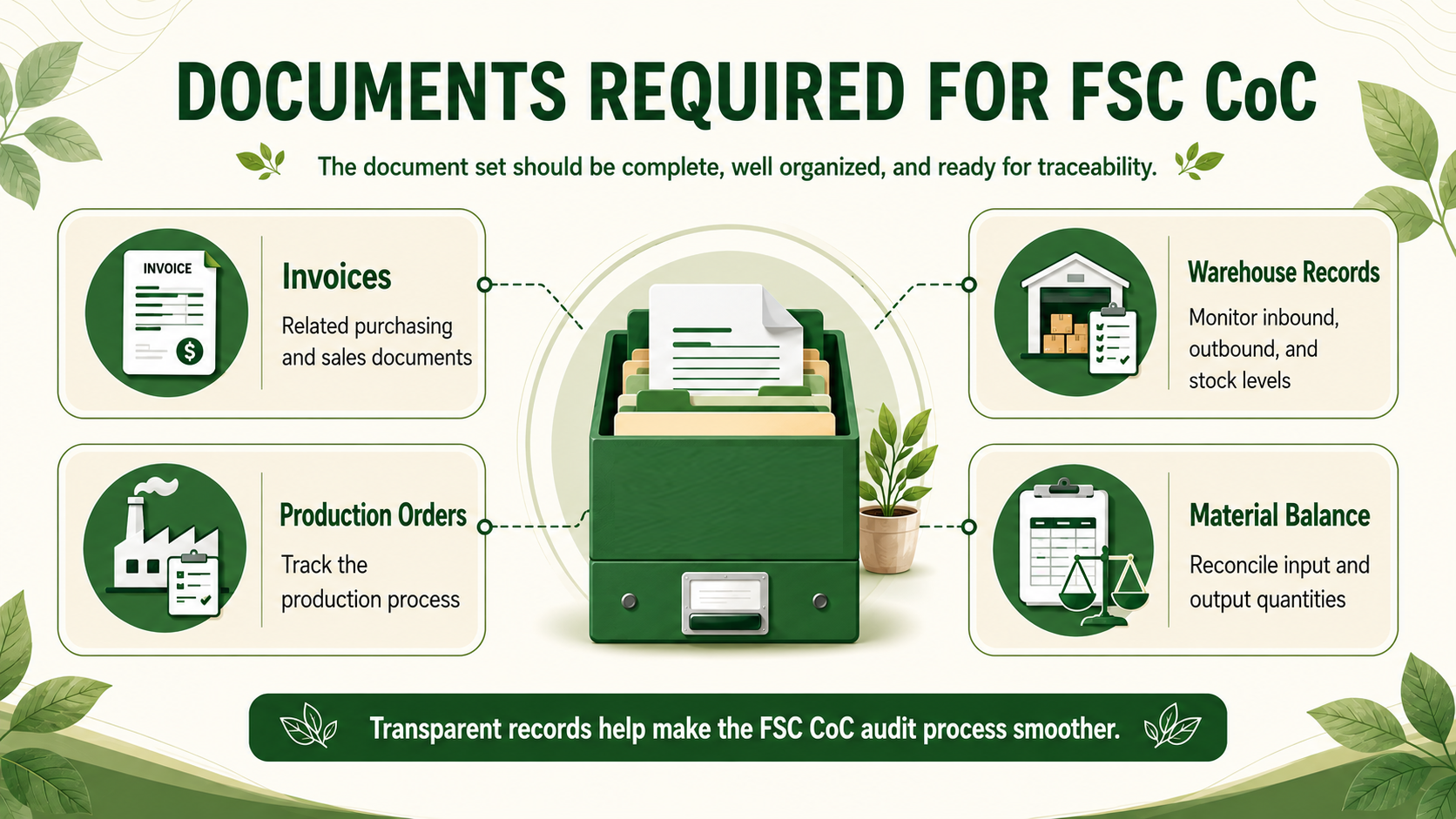 Infographic showing key FSC CoC records, including invoices, warehouse records, production orders, and input-output material balance reports