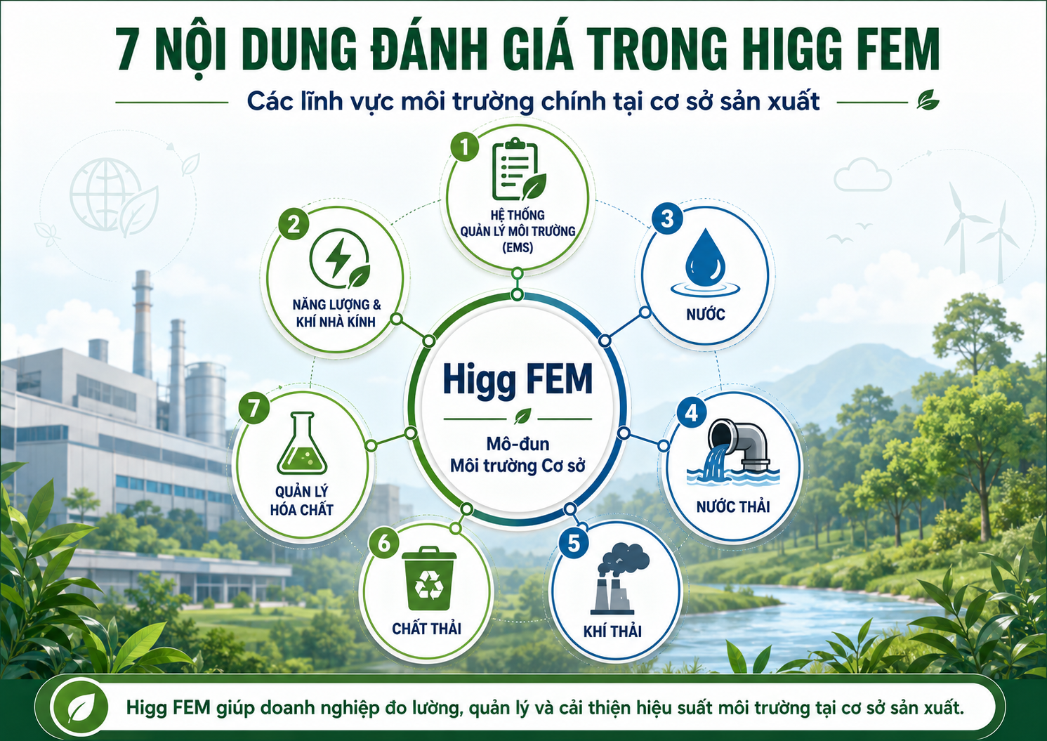 Bảy nội dung môi trường chính được đánh giá trong Higg FEM