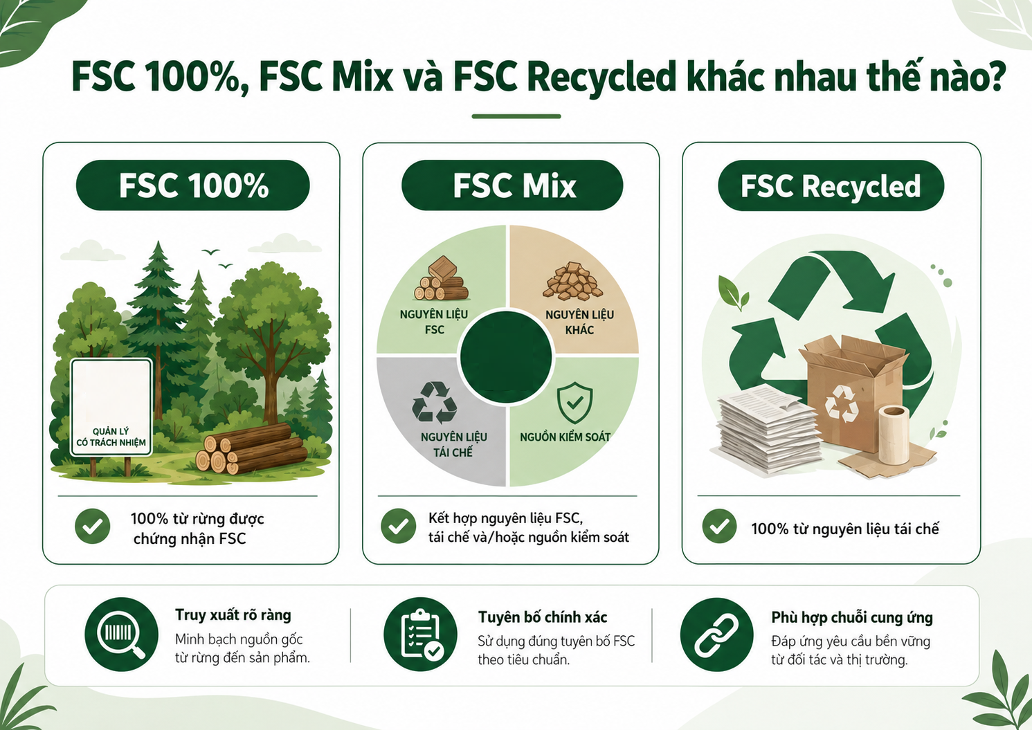FSC 100%, FSC Mix, FSC Recycled khác nhau như thế nào?