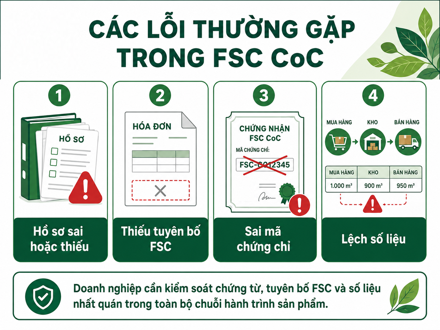 Các lỗi thường gặp khi đánh giá FSC CoC gồm hồ sơ thiếu, sai tuyên bố FSC, sai mã chứng chỉ và lệch số liệu