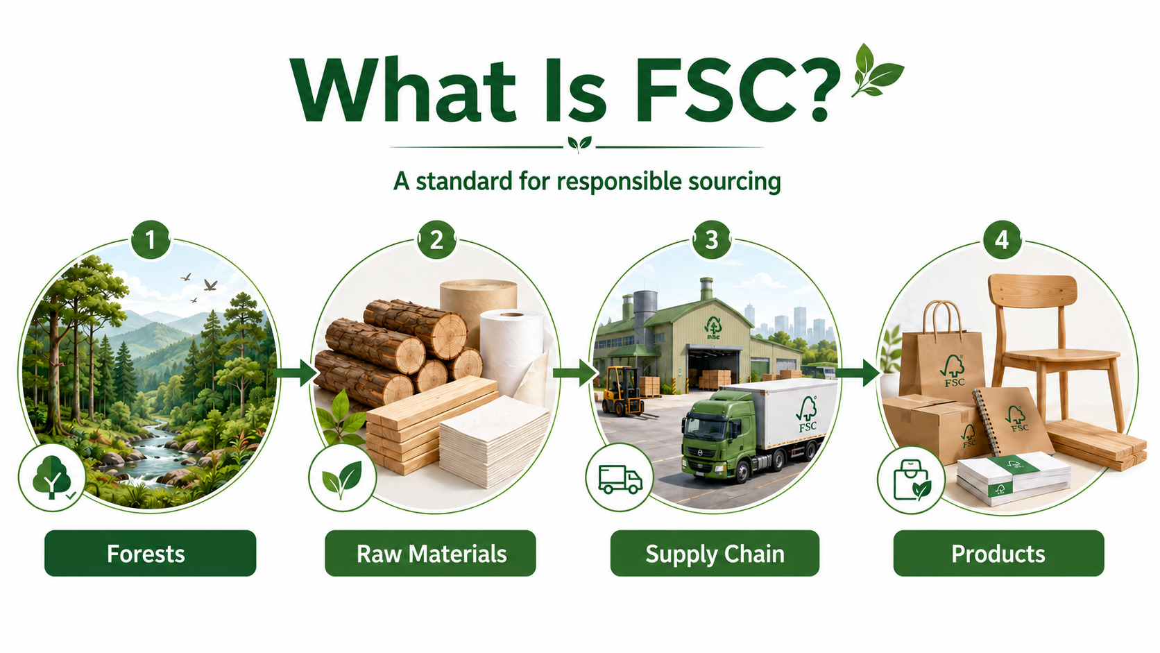 Infographic explaining FSC through the connection between forests, raw materials, the supply chain, and finished forest-based products