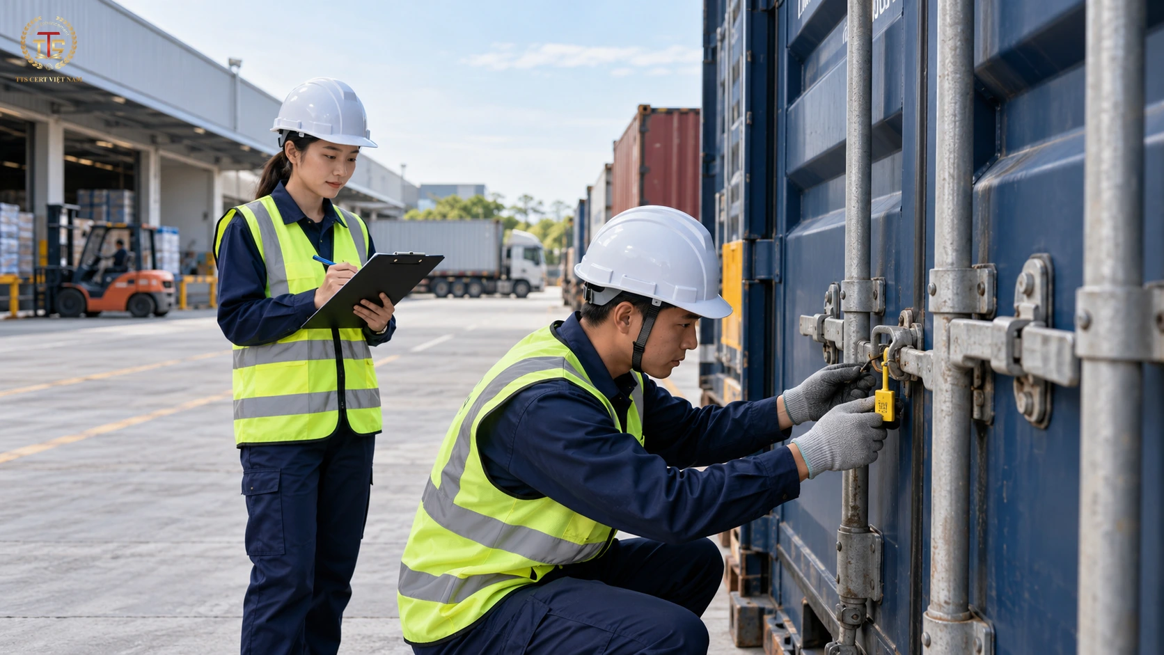 Nhân sự nhà máy kiểm tra niêm phong container và ghi nhận kết quả tại khu vực xuất hàng
