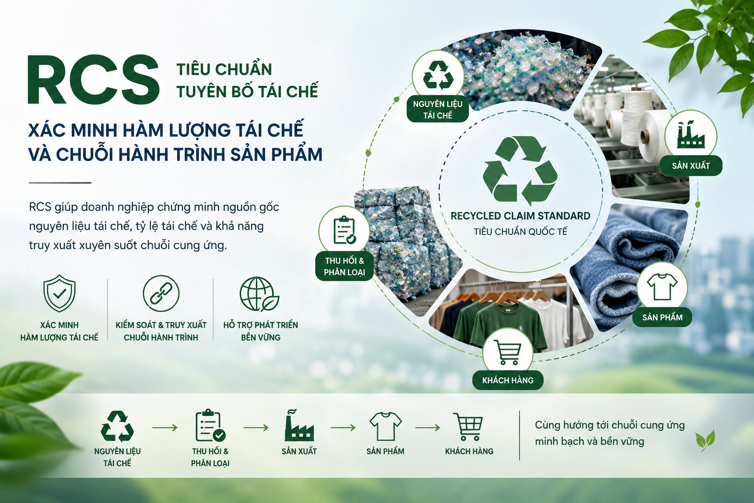 Chứng nhận RCS về hàm lượng vật liệu tái chế và khả năng truy xuất nguồn gốc chuỗi cung ứng.