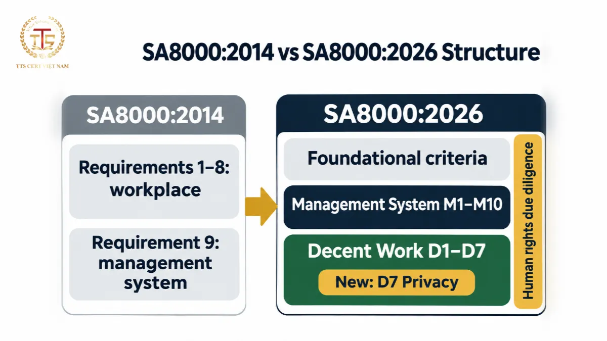 Comparison of the SA8000:2014 and SA8000:2026 structures, with Management System M1–M10 first and seven Decent Work criteria D1–D7