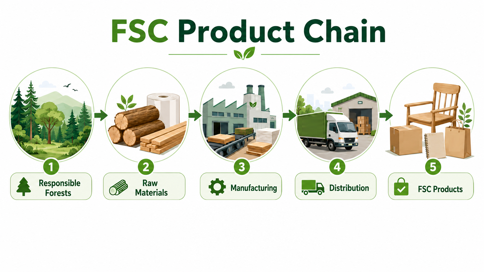 FSC product chain infographic showing the journey from responsibly managed forests and raw materials to manufacturing, distribution, and certified products