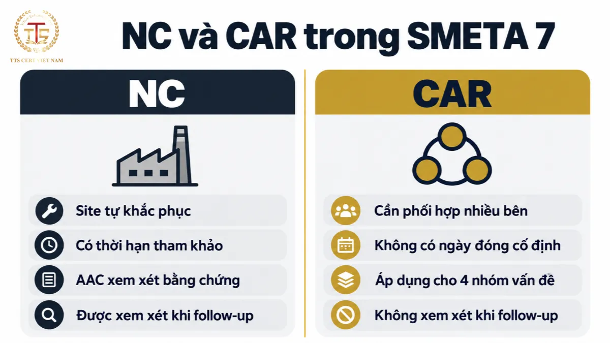 Bảng so sánh NC do site tự khắc phục và CAR cần phối hợp nhiều bên trong SMETA 7