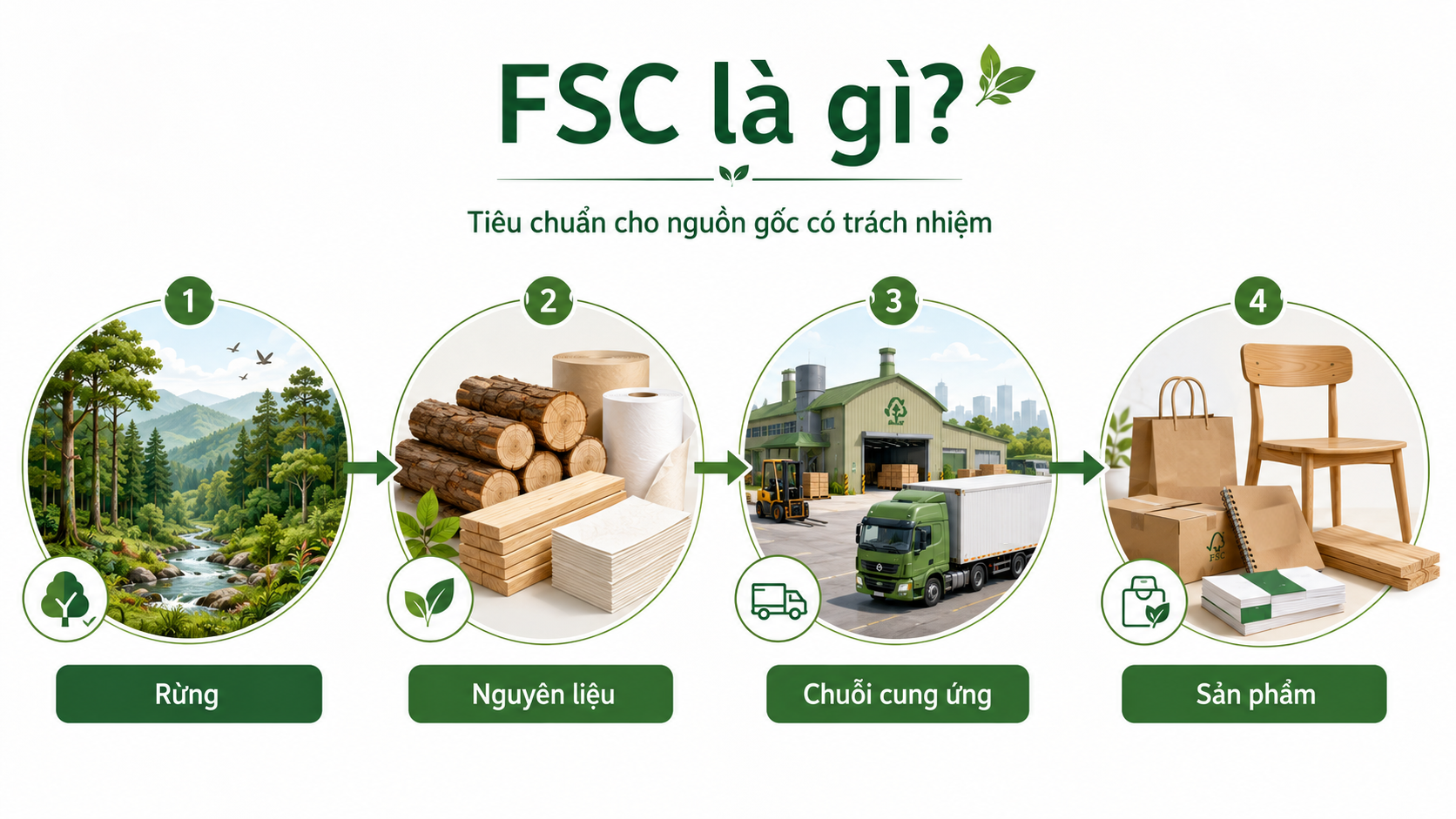 Minh họa FSC kết nối nguồn rừng, nguyên liệu gỗ, giấy, bao bì và sản phẩm cuối cùng trong chuỗi cung ứng