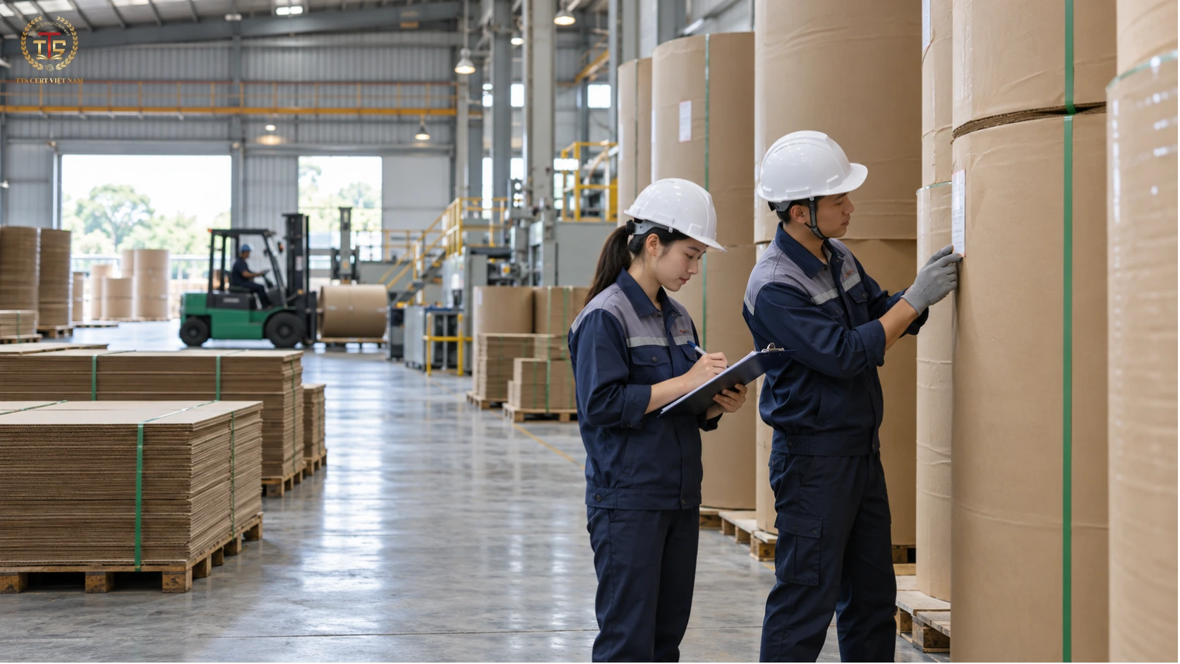 Nhân viên nhà máy bao bì kiểm tra nguyên liệu giấy cuộn và hồ sơ nhập kho