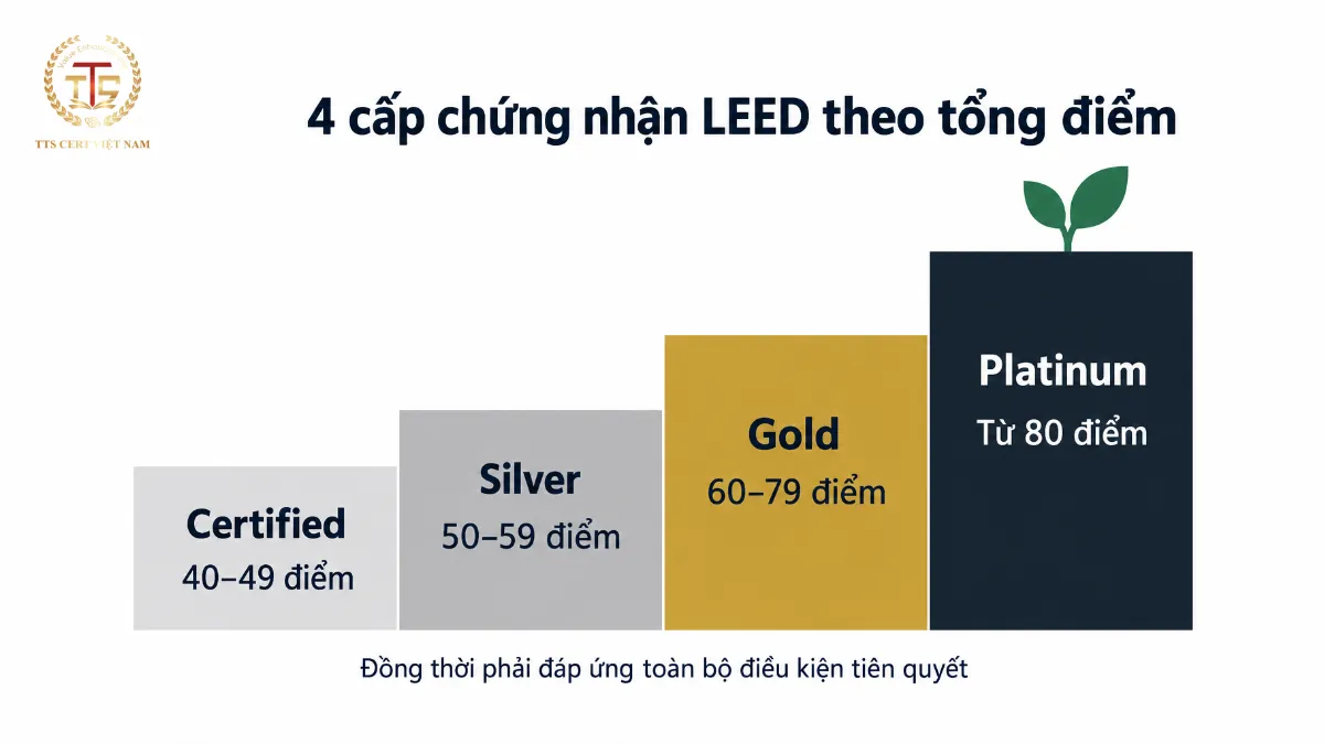 Thang 4 cấp chứng nhận LEED theo tổng điểm: Certified 40–49, Silver 50–59, Gold 60–79 và Platinum từ 80 điểm