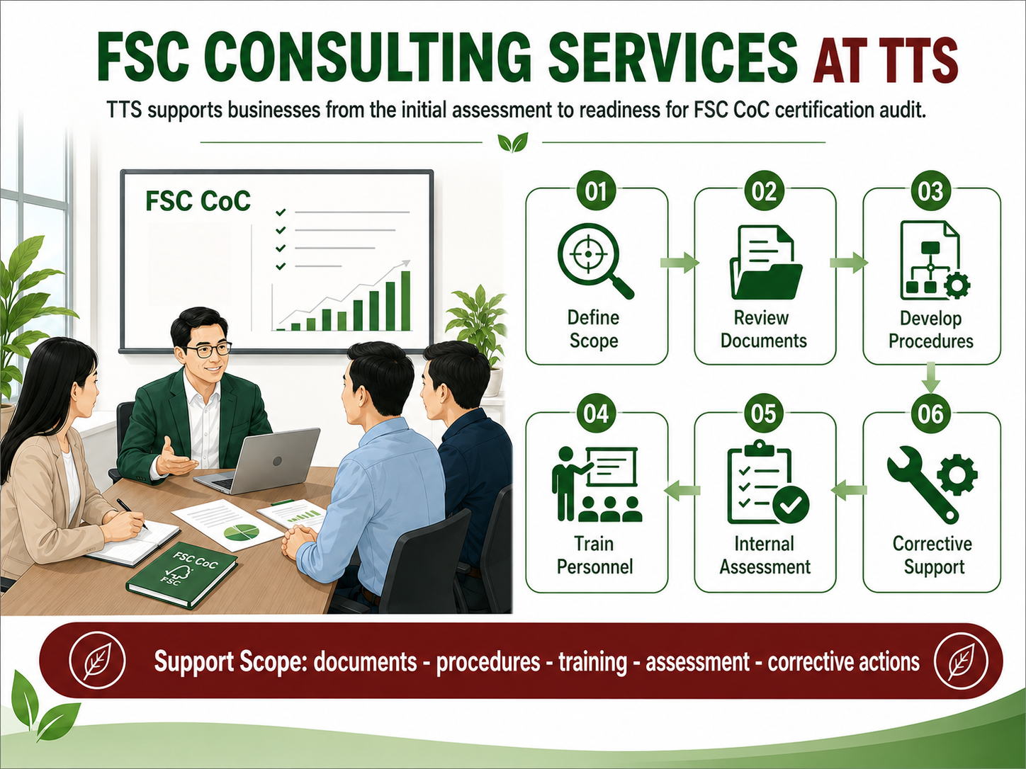 Infographic presenting TTS FSC consulting services, including scope definition, document review, procedure development, training, internal assessment, and corrective support