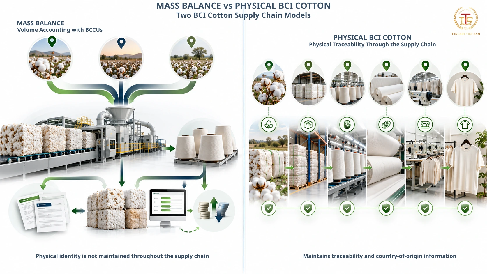 Mass Balance vs Physical BCI Cotton comparison for BCCUs traceability and certification