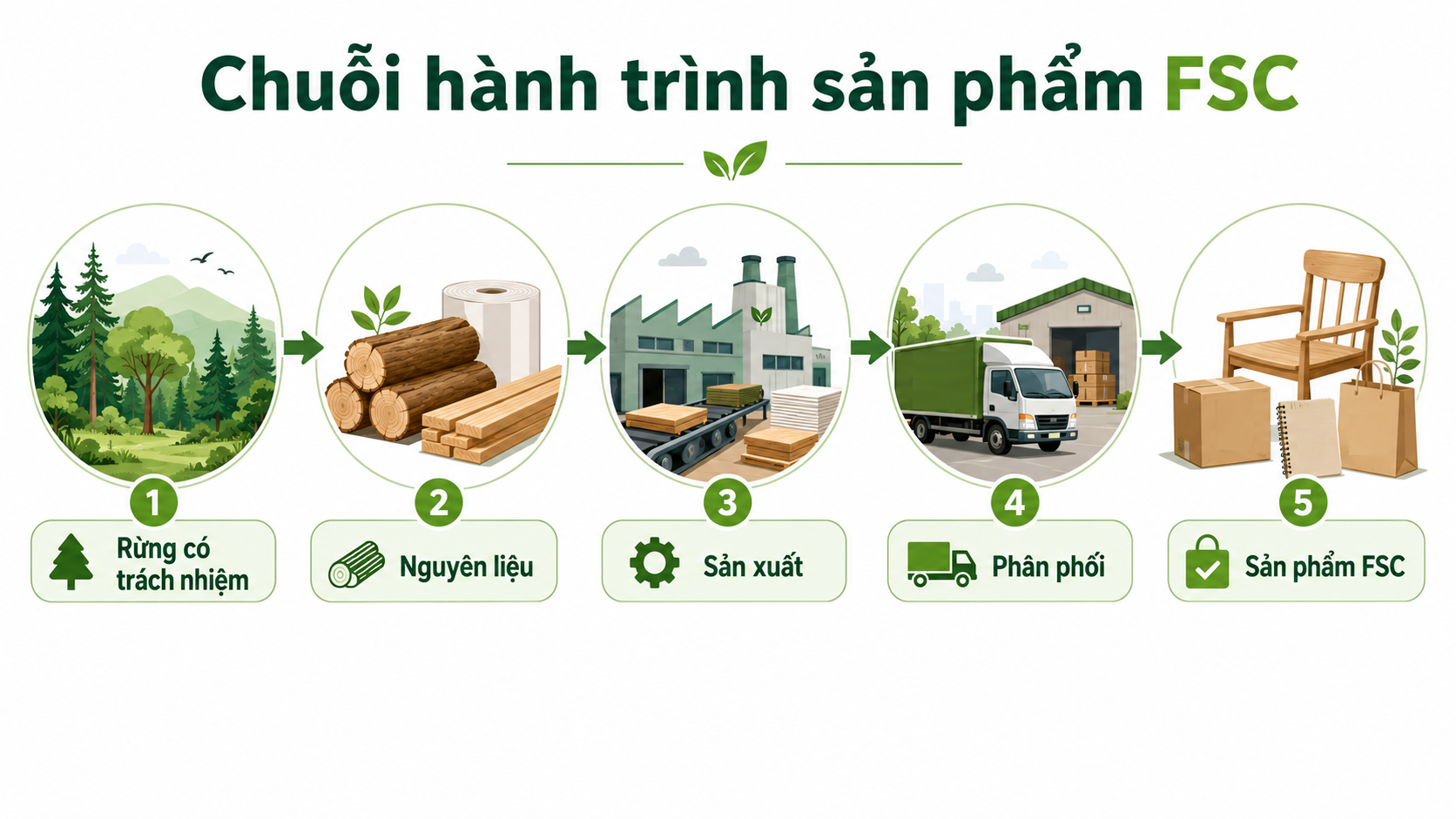 Chuỗi hành trình sản phẩm FSC từ rừng được quản lý có trách nhiệm đến sản phẩm gỗ, giấy và bao bì