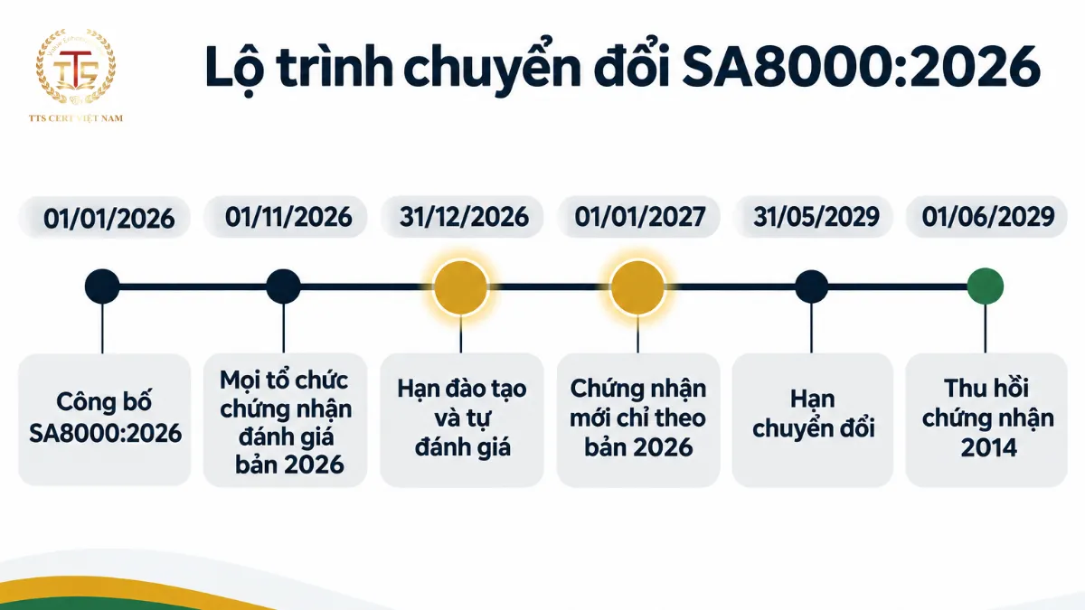 Dòng thời gian chuyển đổi SA8000:2026 từ 01/01/2026 đến 01/06/2029 với hạn 31/12/2026 và 01/01/2027
