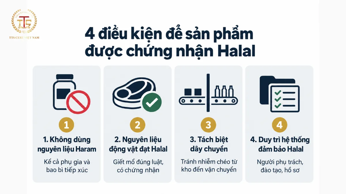 Infographic 4 điều kiện chứng nhận Halal: không dùng nguyên liệu Haram, nguyên liệu động vật đạt Halal, tách biệt dây chuyền và duy trì hệ thống đảm bảo Halal
