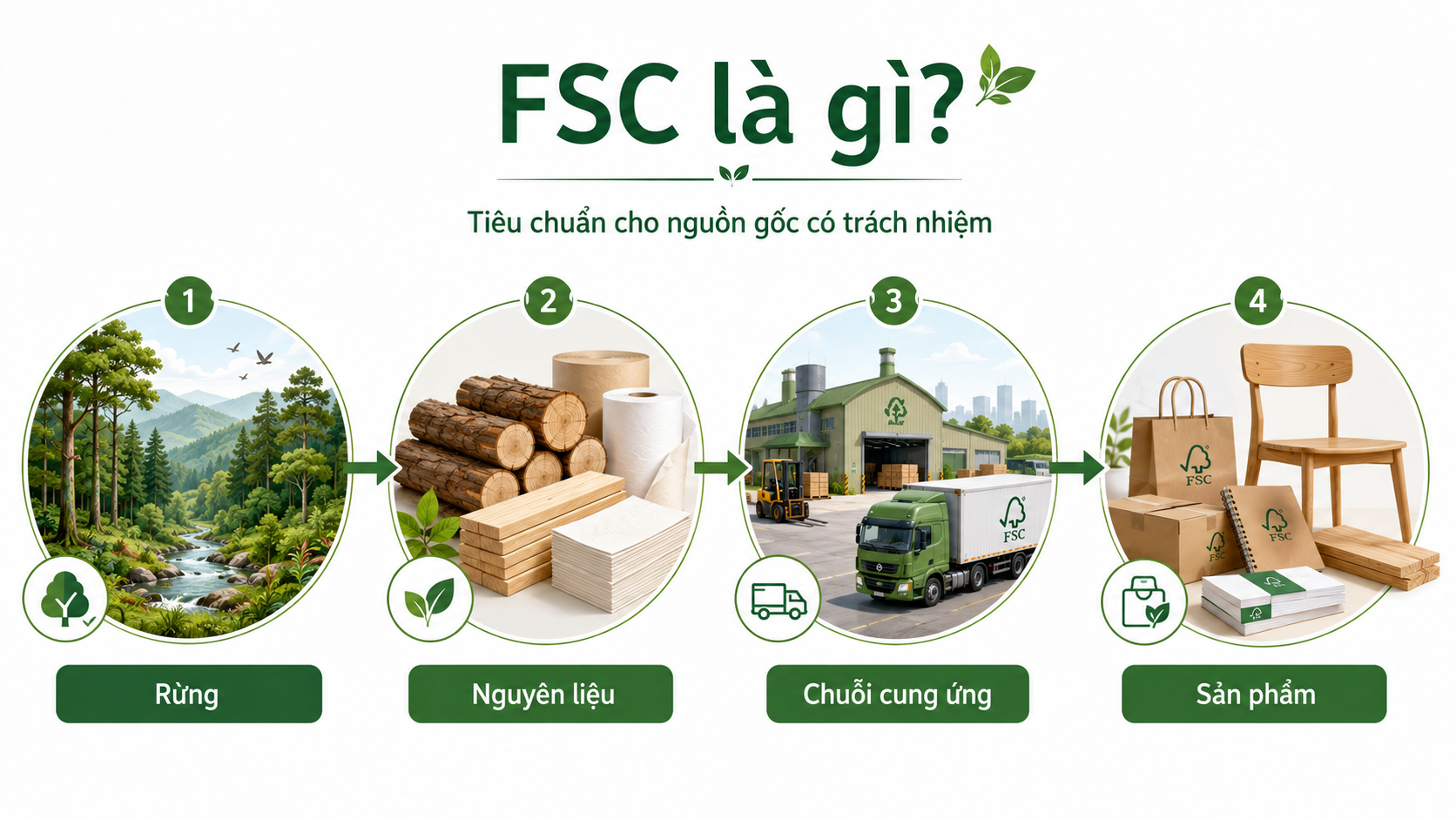 Minh họa FSC kết nối nguồn rừng, nguyên liệu gỗ, giấy, bao bì và sản phẩm cuối cùng trong chuỗi cung ứng