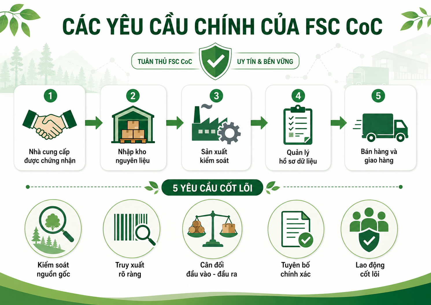 các yêu cầu chính của FSC CoC gồm quản lý hệ thống, kiểm soát nhà cung cấp, nguyên liệu, khối lượng, chứng từ, gia công ngoài và lao động cốt lõi