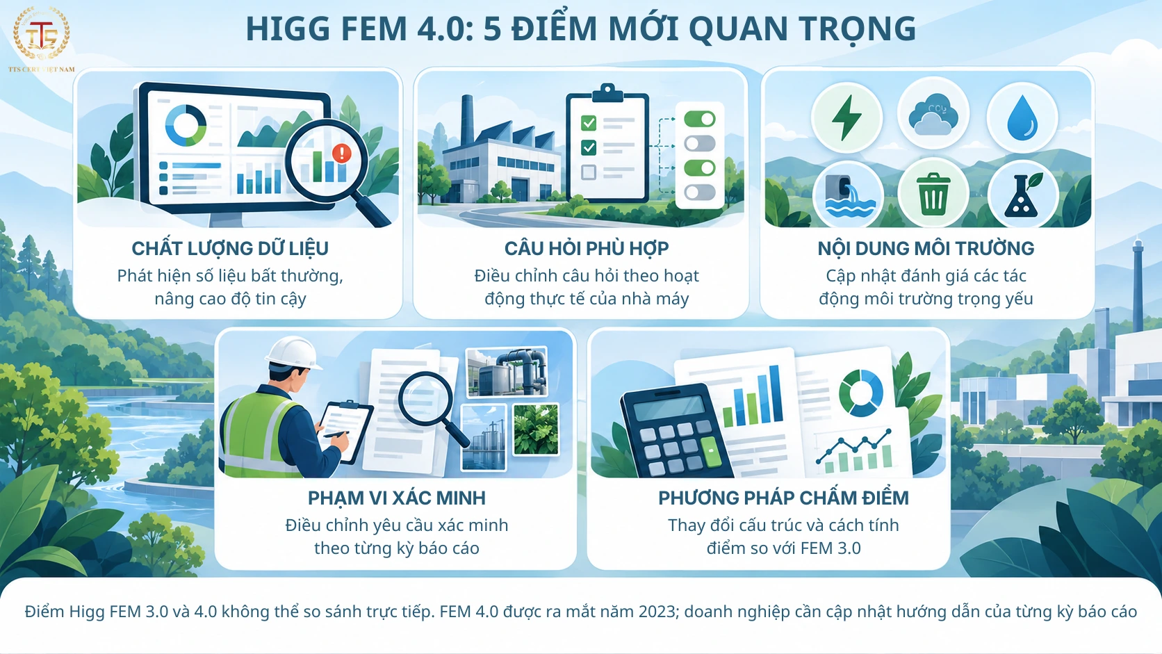 Infographic 5 điểm mới của Higg FEM 4.0 về dữ liệu, câu hỏi, môi trường, xác minh và chấm điểm