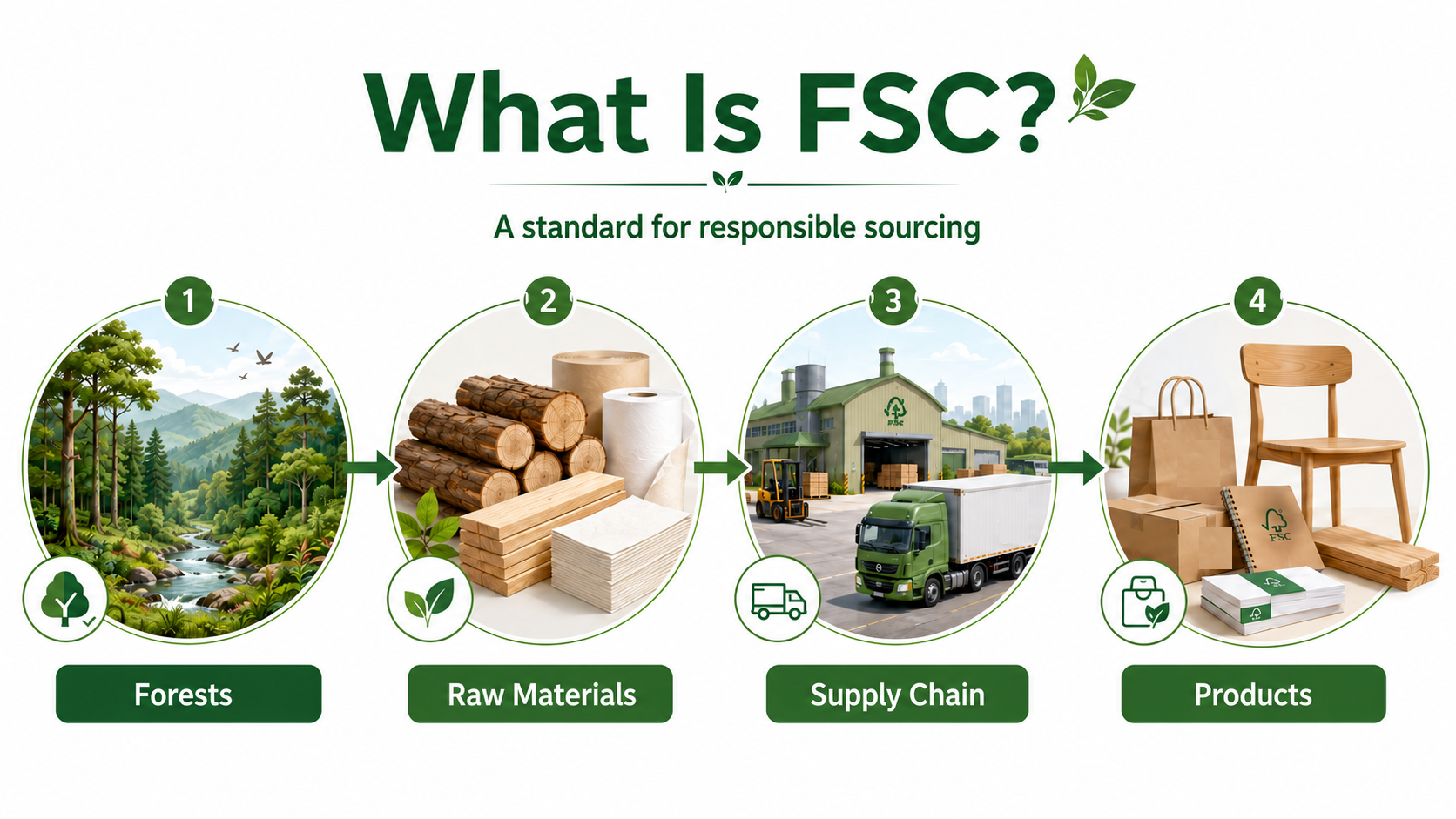 Infographic explaining FSC through the connection between forests, raw materials, the supply chain, and finished forest-based products