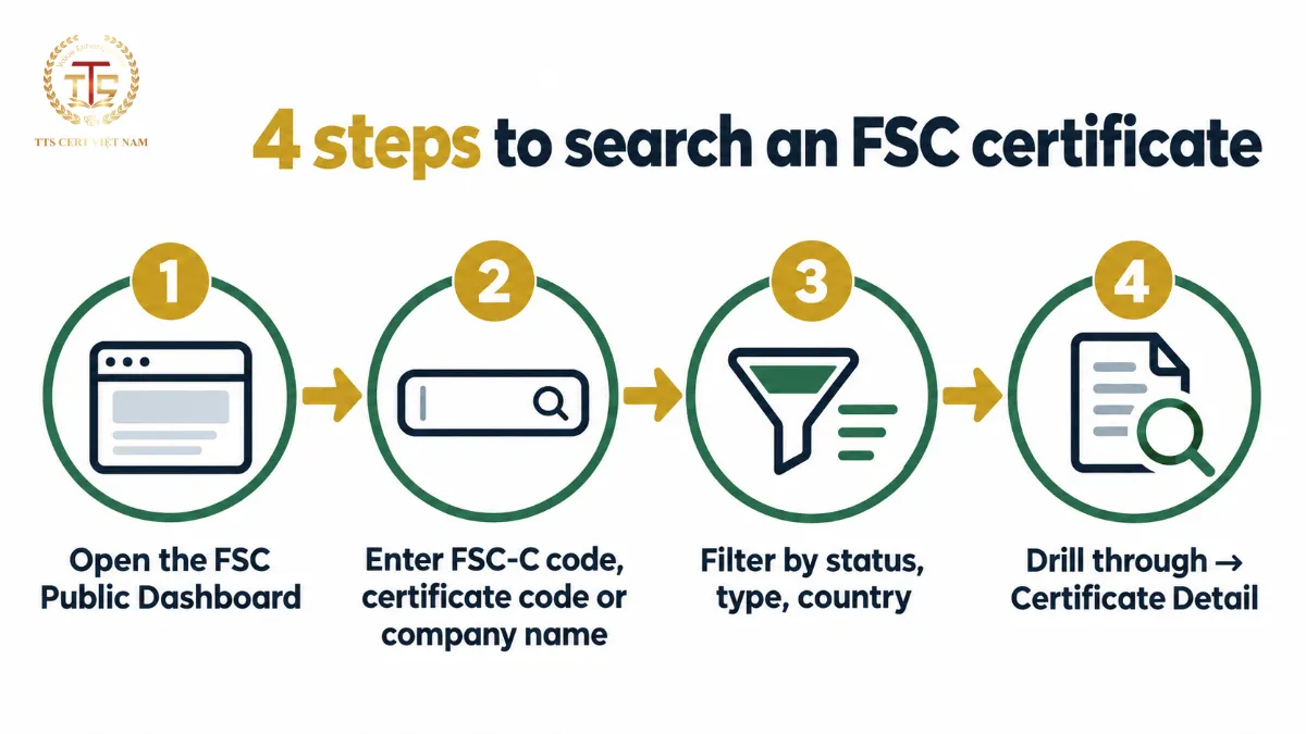Sơ đồ 4 bước tra cứu chứng chỉ FSC trên FSC Certificates Public Dashboard: truy cập, nhập mã, lọc kết quả, xem chi tiết chứng chỉ