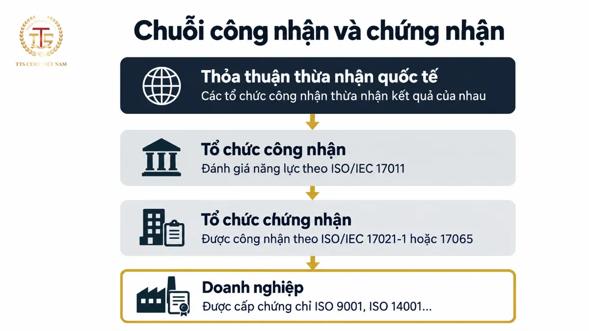 Sơ đồ 4 tầng từ thỏa thuận thừa nhận quốc tế, tổ chức công nhận, tổ chức chứng nhận đến doanh nghiệp được cấp chứng chỉ