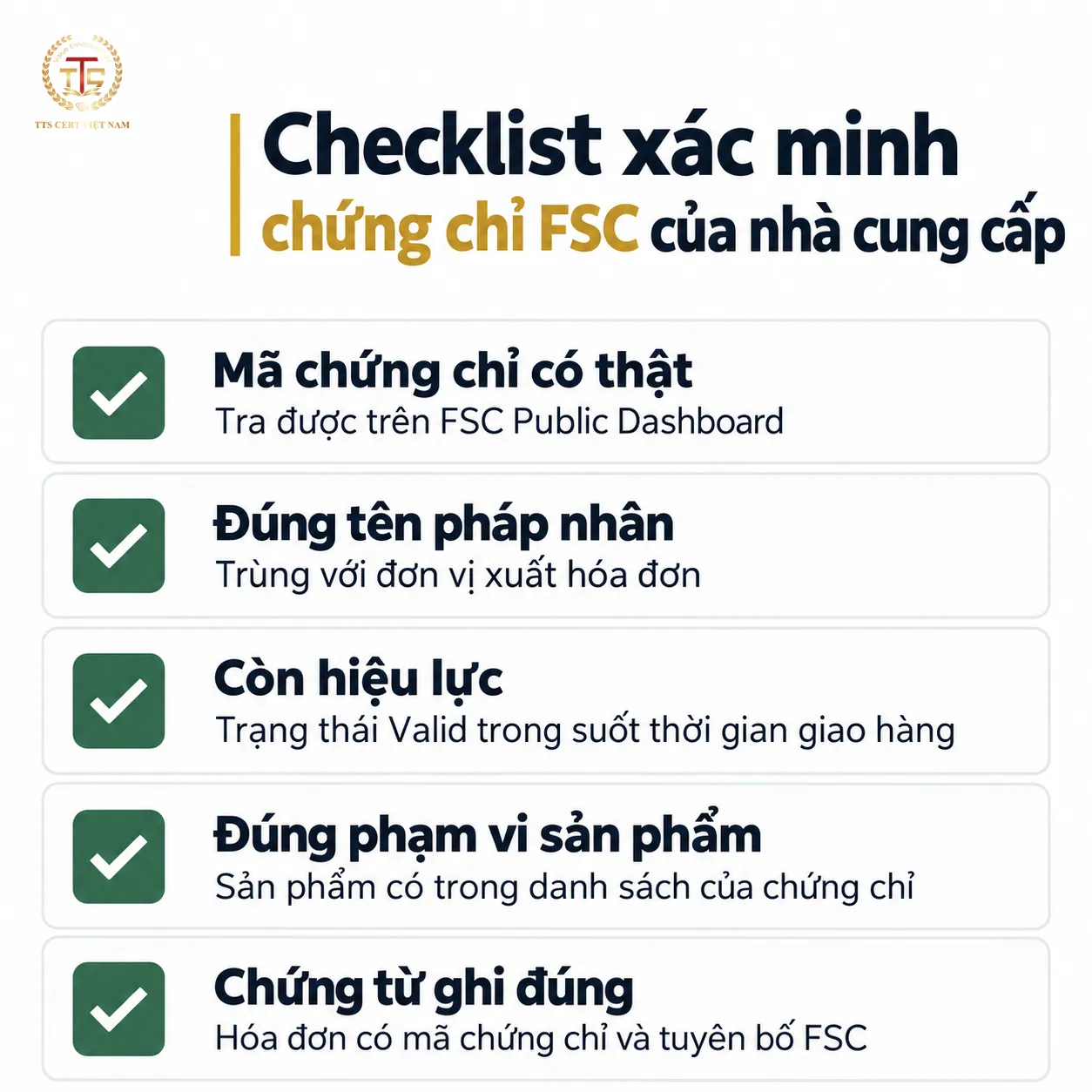 Checklist 5 điểm xác minh chứng chỉ FSC của nhà cung cấp: mã chứng chỉ, tên pháp nhân, hiệu lực, phạm vi sản phẩm, chứng từ