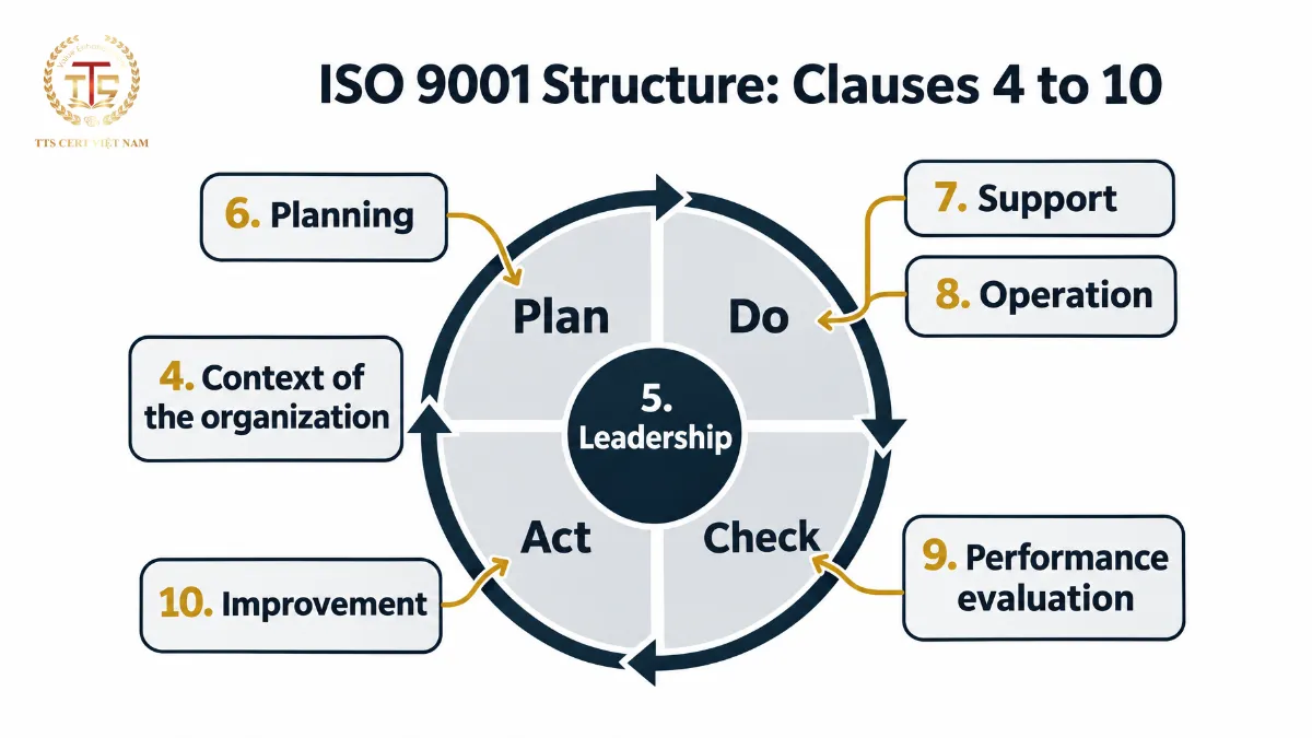 Diagram of the seven ISO 9001 requirement clauses, from context of the organization to improvement, arranged in a plan-do-check-act cycle