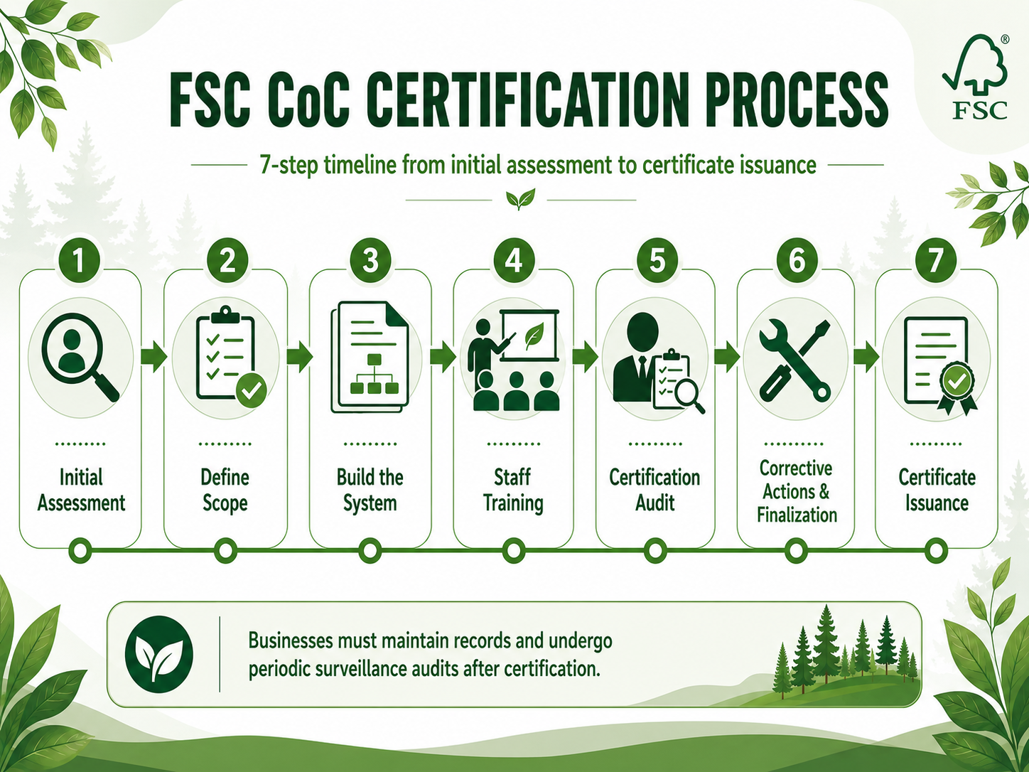 Seven-step FSC CoC certification process from initial assessment and scope definition to system development, audit, corrective actions, and certificate issuance