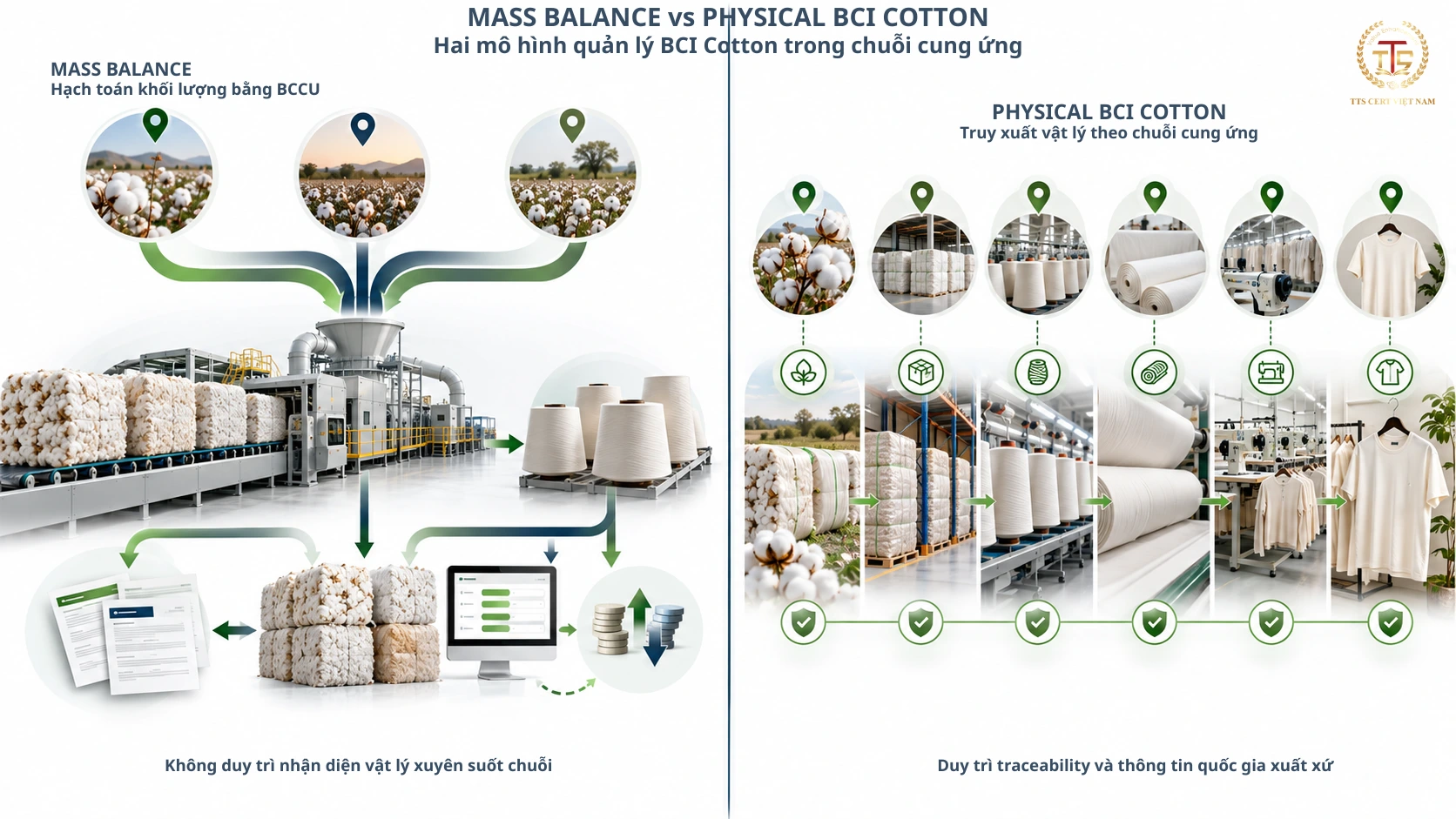 So sánh Mass Balance và Physical BCI Cotton về BCCU truy xuất nguồn gốc và chứng nhận