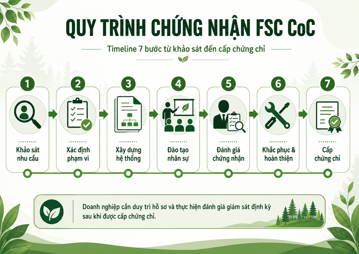 Quy trình chứng nhận FSC CoC gồm 7 bước từ khảo sát, xác định phạm vi và xây dựng hệ thống đến đánh giá và cấp chứng chỉ