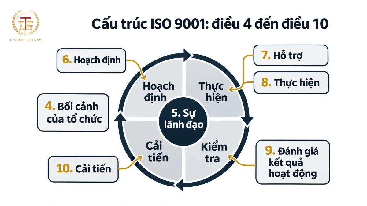 Sơ đồ 7 điều yêu cầu của ISO 9001 từ bối cảnh tổ chức đến cải tiến, sắp xếp theo vòng hoạch định, thực hiện, kiểm tra, cải tiến