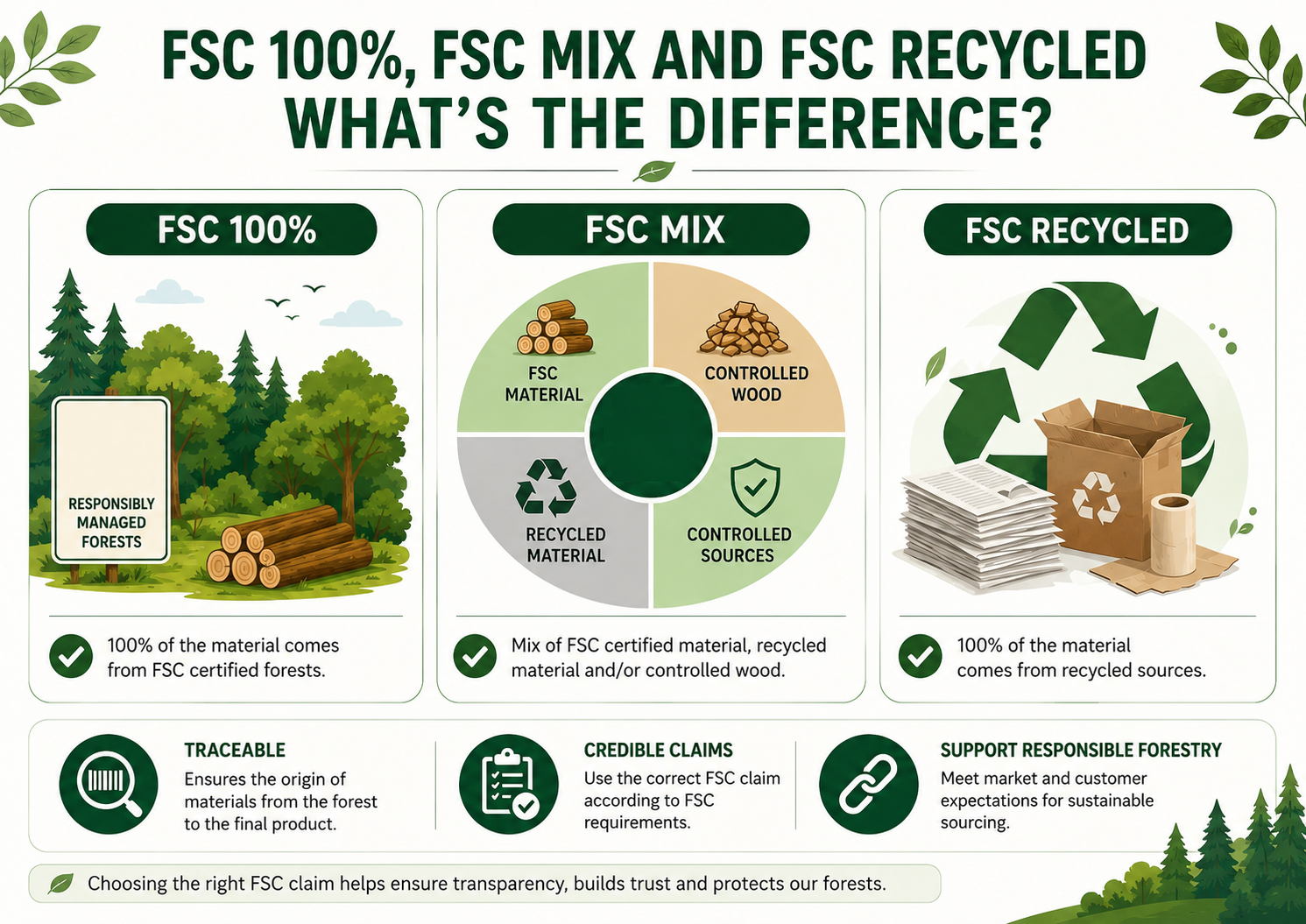 Infographic comparing FSC 100%, FSC Mix, and FSC Recycled labels based on certified, controlled, and recycled material sources