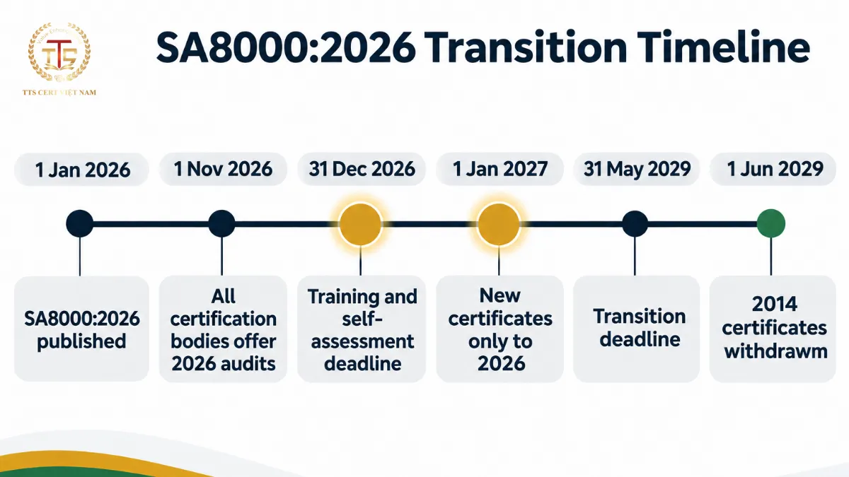 SA8000:2026 transition timeline from 1 January 2026 to 1 June 2029, highlighting 31 December 2026 and 1 January 2027