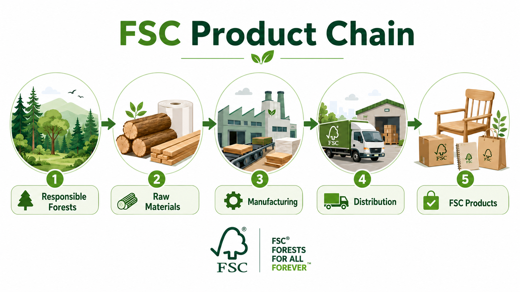 FSC product chain infographic showing the journey from responsibly managed forests and raw materials to manufacturing, distribution, and certified products
