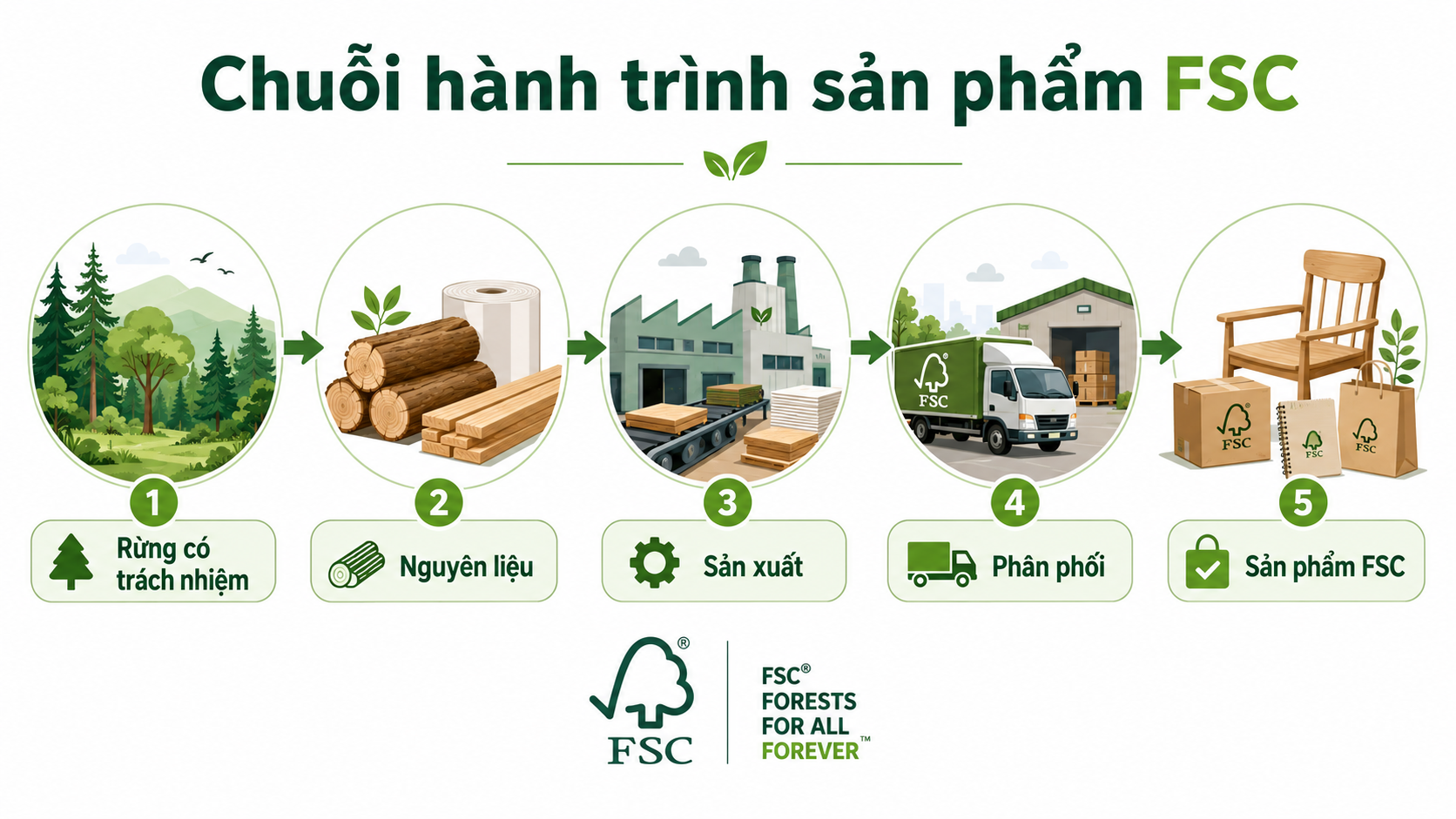 Chuỗi hành trình sản phẩm FSC từ rừng được quản lý có trách nhiệm đến sản phẩm gỗ, giấy và bao bì