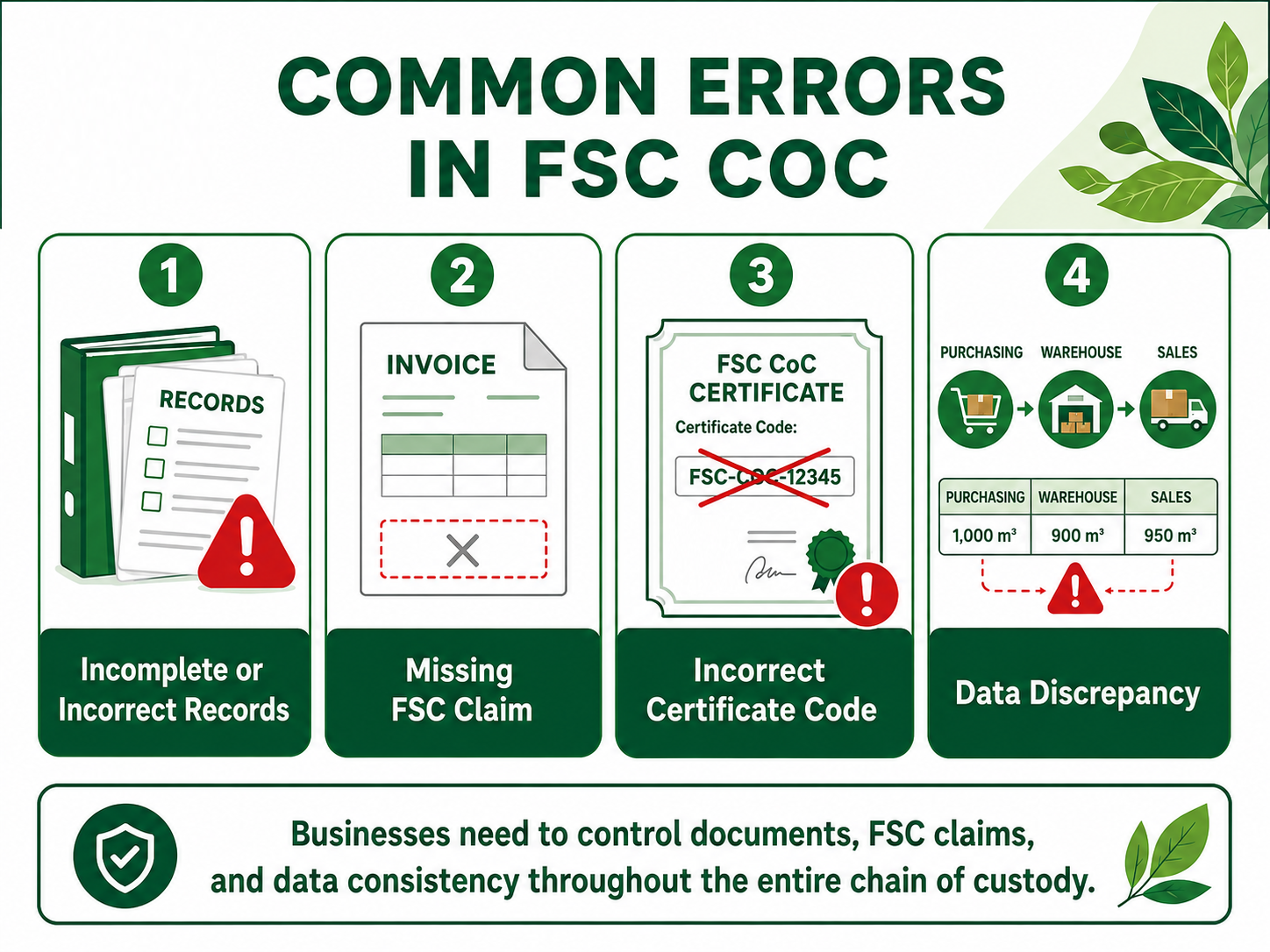 Infographic showing common FSC CoC errors, including incomplete records, missing FSC claims, incorrect certificate codes, and inconsistent data