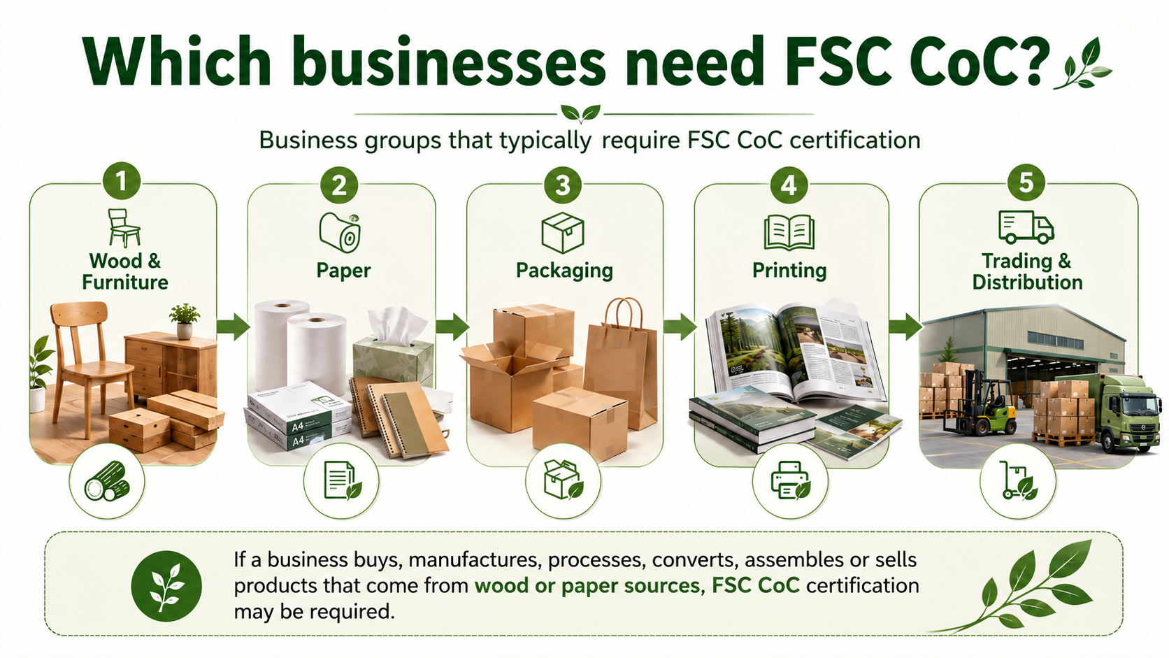 Infographic showing businesses that commonly need FSC CoC certification, including wood, paper, packaging, printing, trading, and distribution companies
