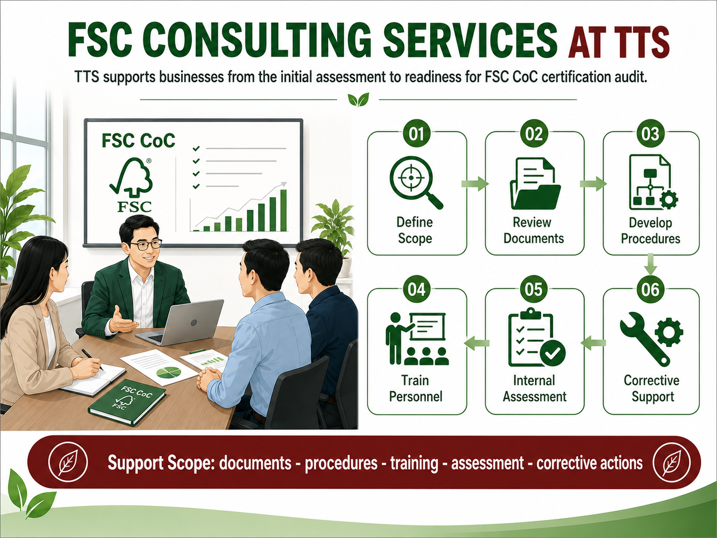 Infographic presenting TTS FSC consulting services, including scope definition, document review, procedure development, training, internal assessment, and corrective support