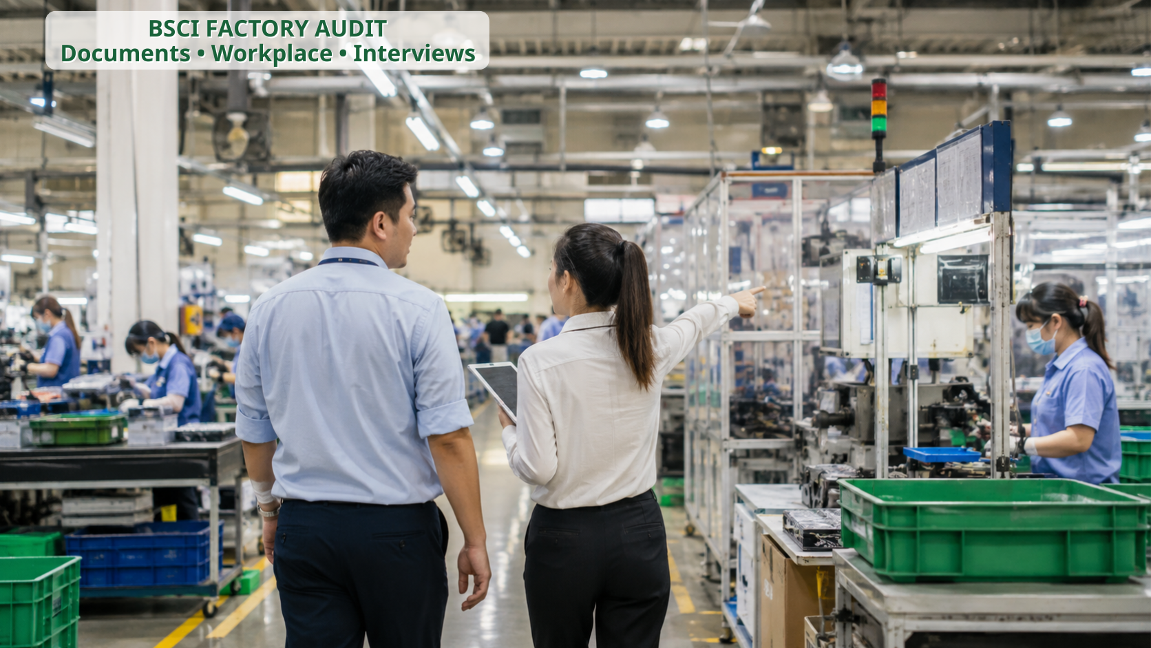 Social compliance auditor reviewing workplace conditions during a BSCI factory audit